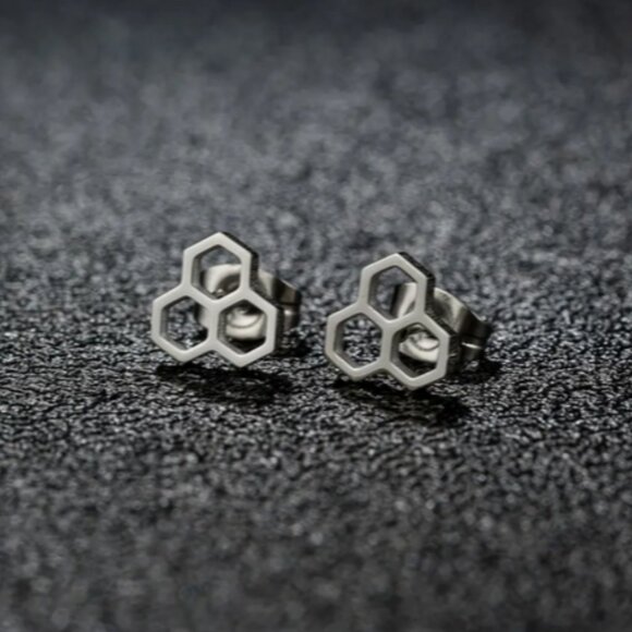 Stainless Steel Honeycomb Stud Earrings in Silver NWT - Picture 1 of 2